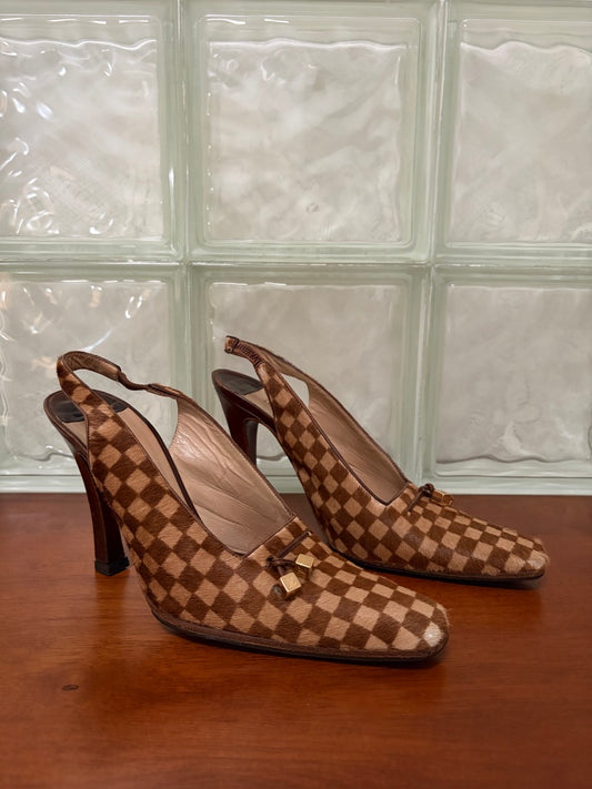 Vintage Louis Vuitton ponyhair checkerboard slingback heels