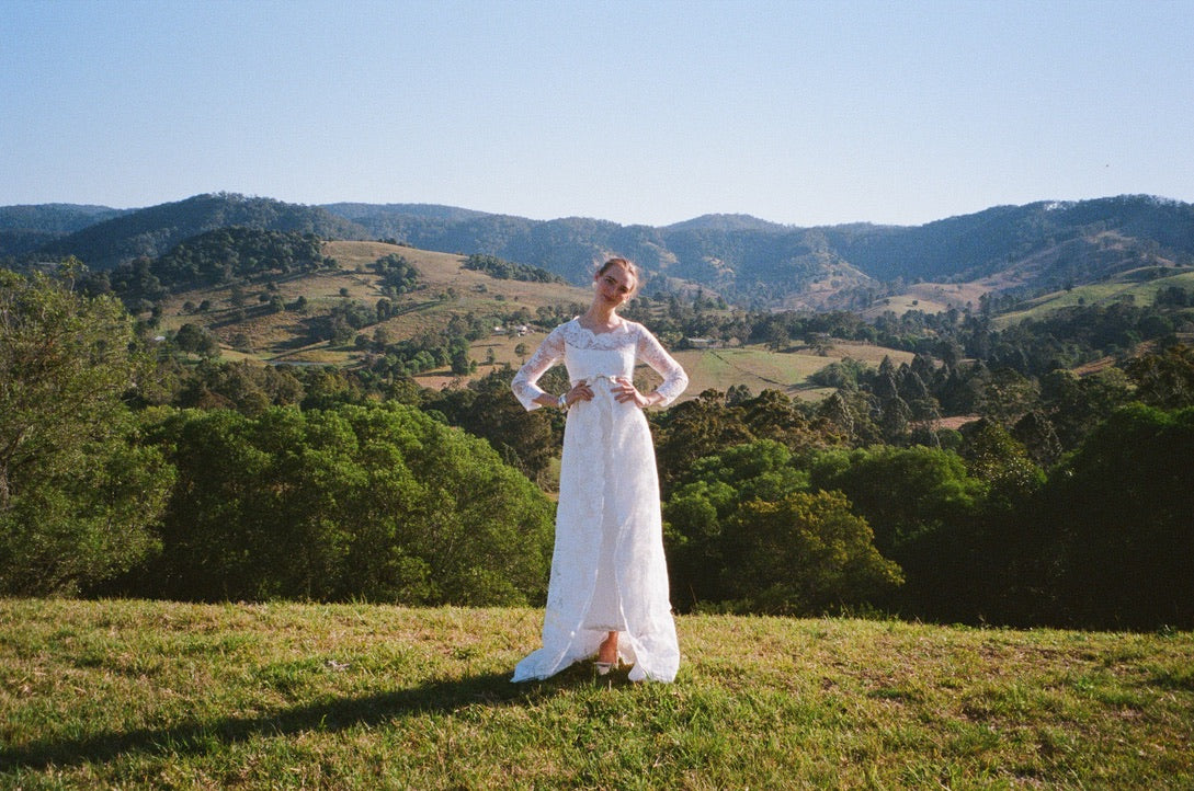 Vintage 60s long sleeve satin column gown with lace cape