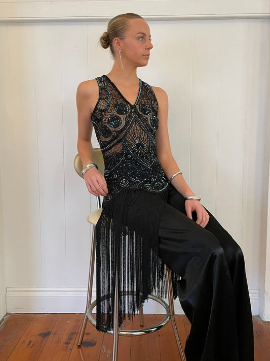 Vintage 90s semi sheer beaded fringed top