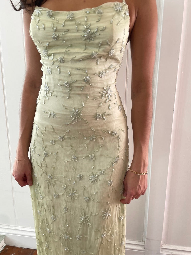 Vintage 90s pistachio green silk beaded evening dress