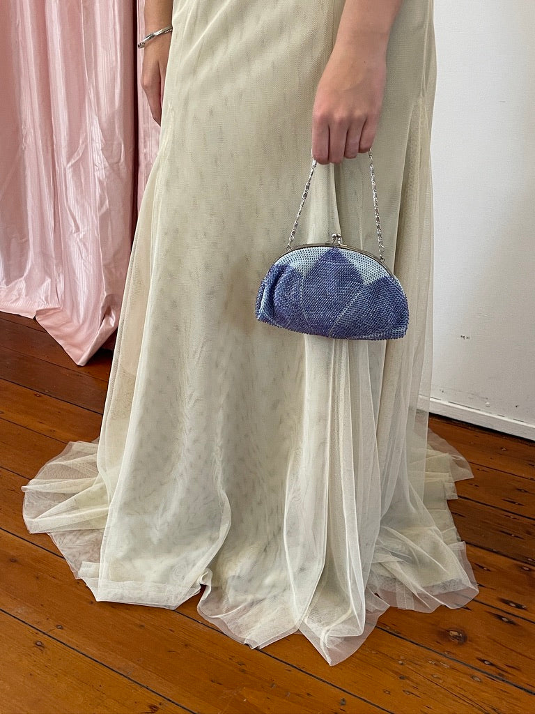 Vintage Y2K Vera Wang strapless mesh gown sand