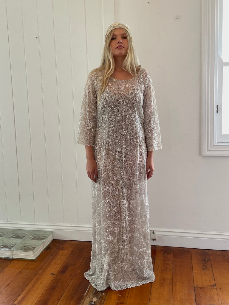 Vintage 60s semi sheer long sleeve beaded sequinned bridal gown