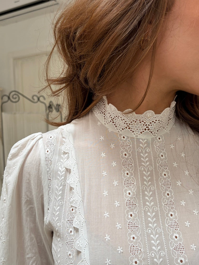 Vintage 70s embroidered cotton voile long sleeve wedding dress with train