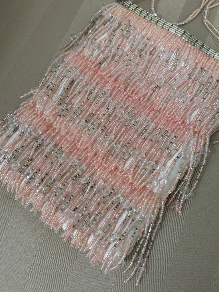Vintage 90s pastel pink evening bag with beaded fringing