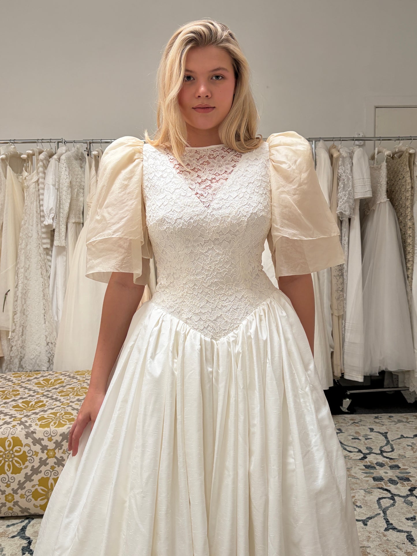 Vintage 1986 silk puff sleeve basque waist wedding dress with train