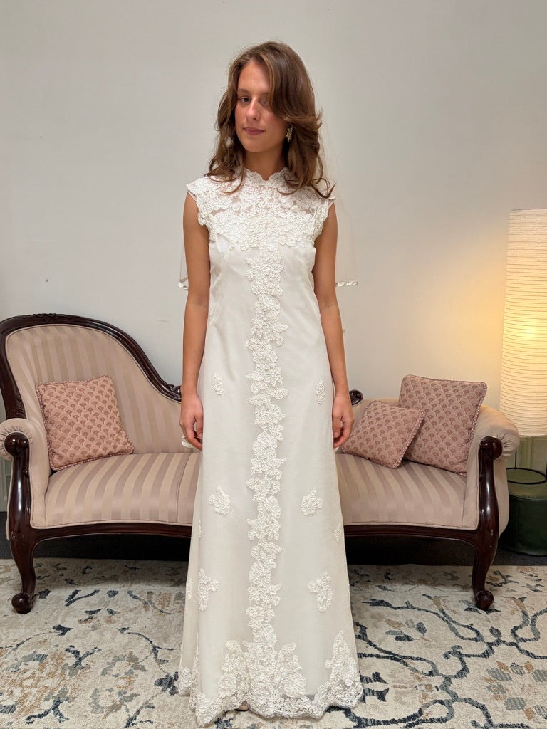 Vintage 60s Alfred Angelo high neck alençon lace column wedding dress