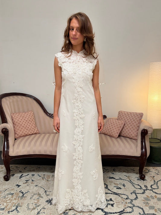 Vintage 60s Alfred Angelo high neck alençon lace column wedding dress