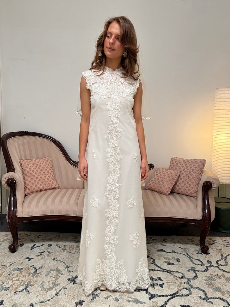 Vintage 60s Alfred Angelo high neck alençon lace column wedding dress