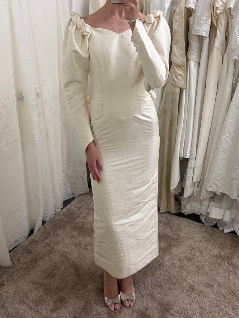 Vintage 90s silk dupion long sleeve rosette wedding gown with detachable train