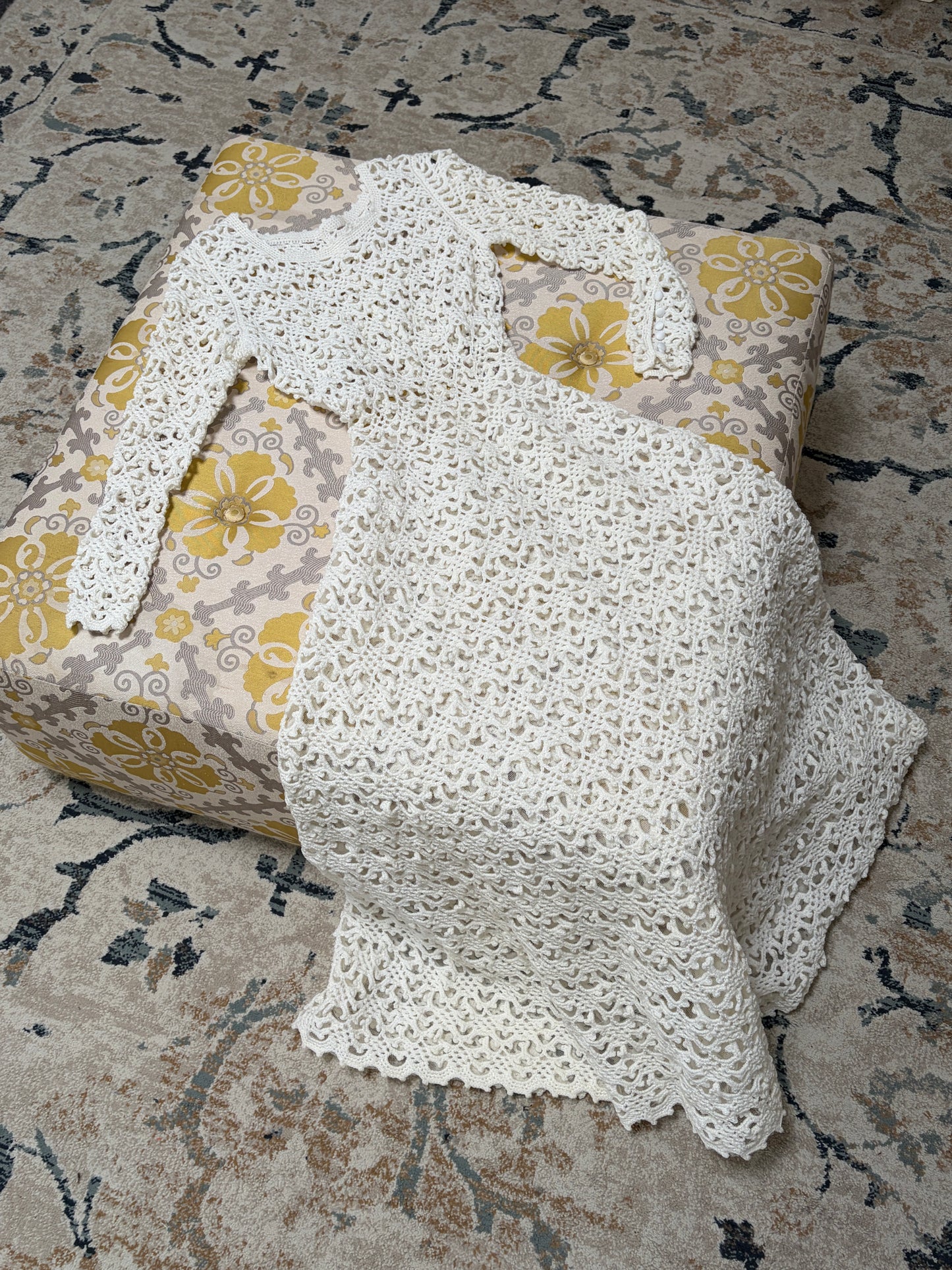Vintage 70s ivory crochet long sleeve a-line wedding dress