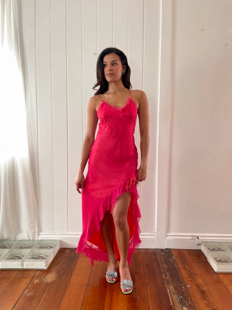 Vintage 90s pink orange high low backless dress