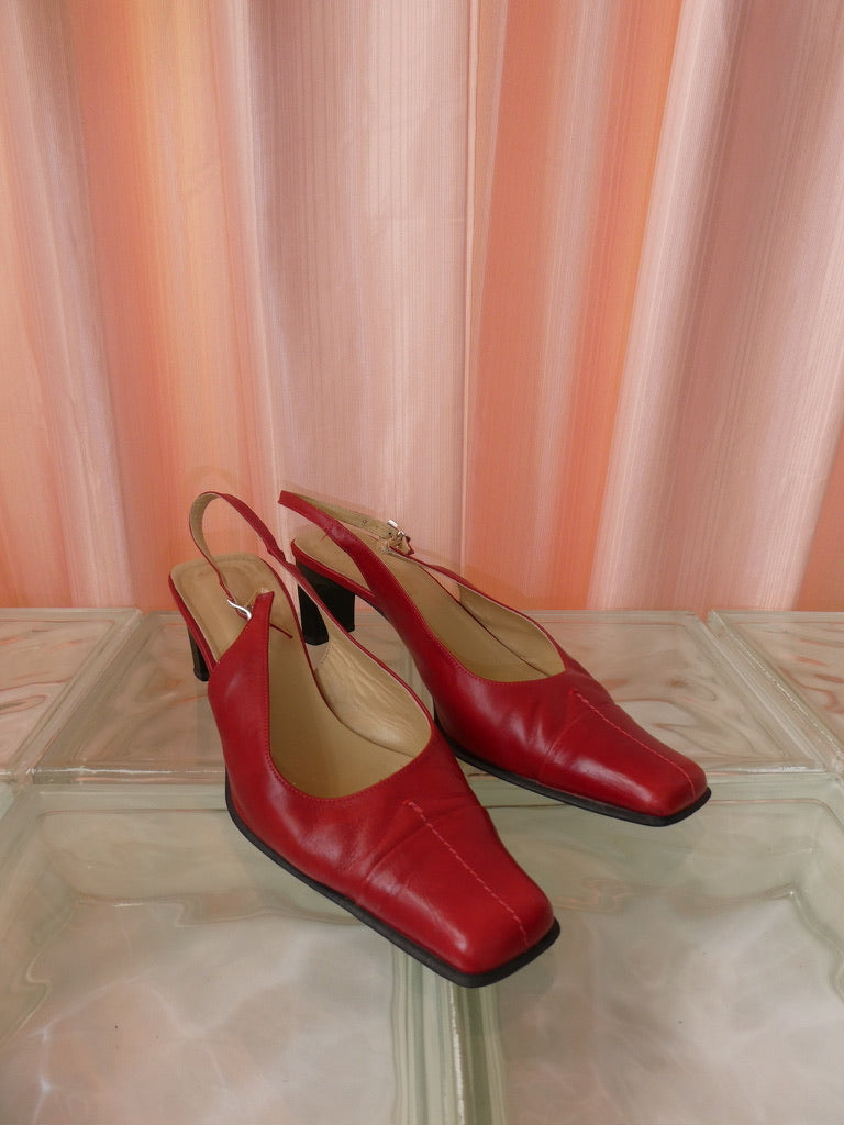 90s red leather square toe slingback kitten heels size 40