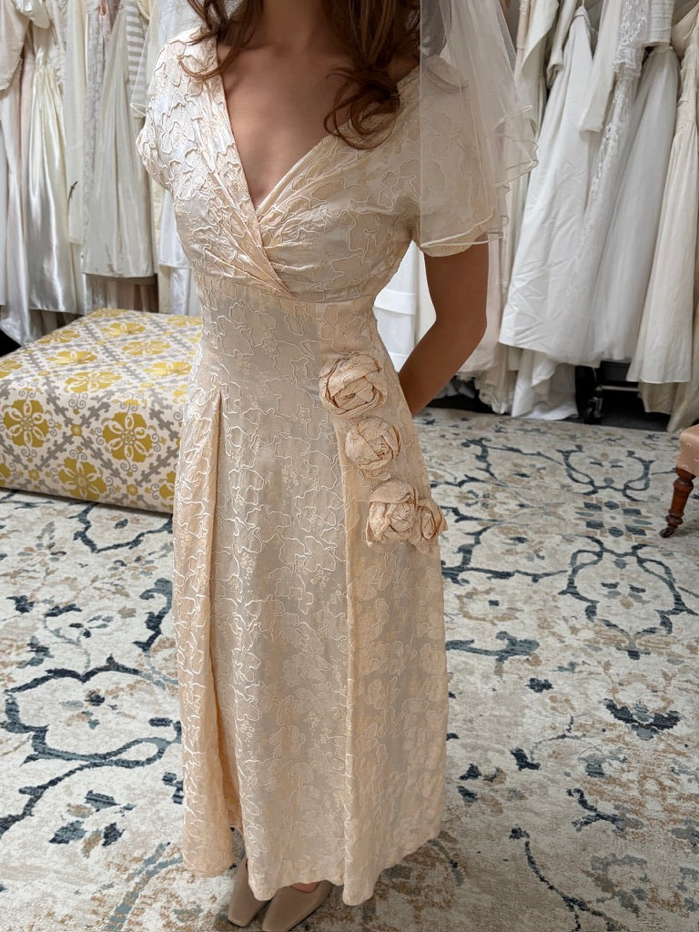 Vintage 50s corded jacquard satin a-line dress with rosettes