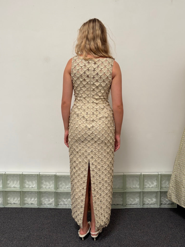 Vintage 90s couture gold laser cut high neck evening gown