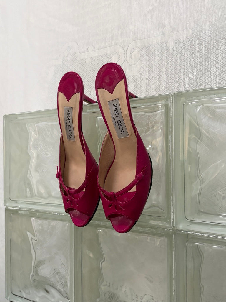 Vintage Jimmy Choo hot pink patent leather mule kitten heels