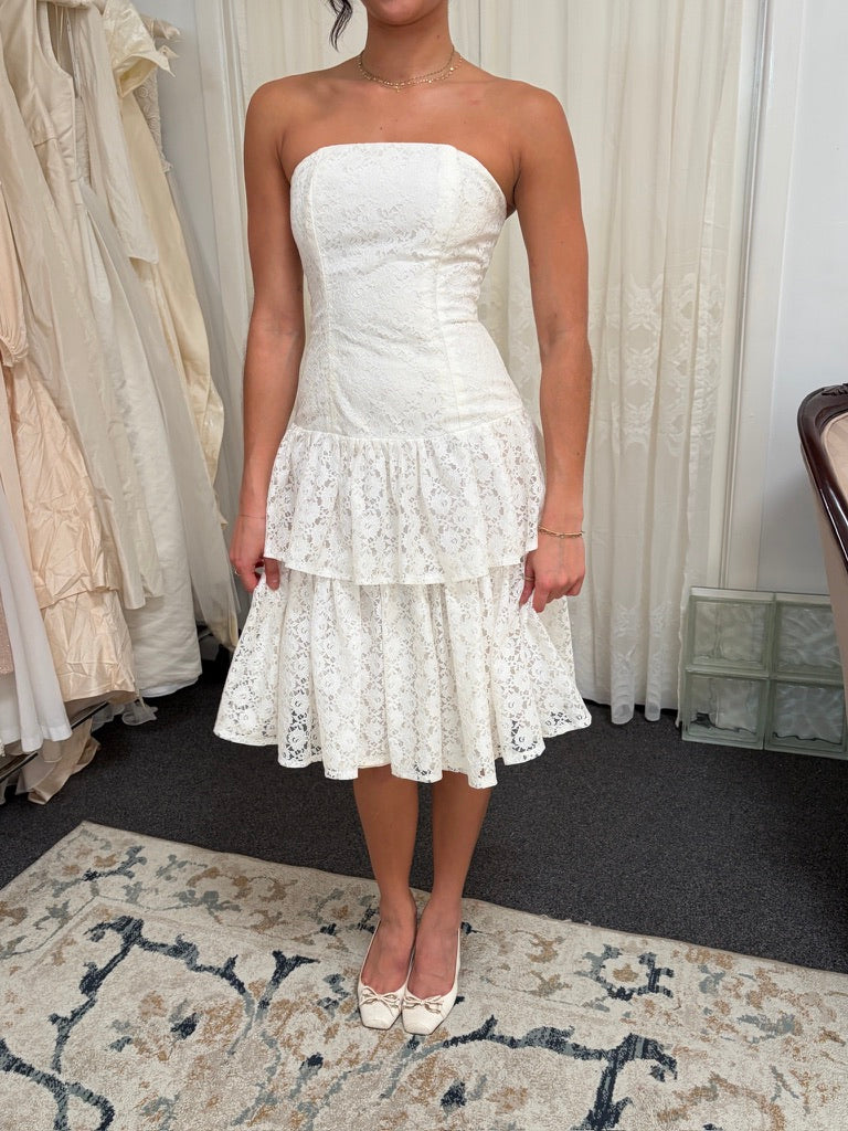 Vintage 80s white lace drop waist strapless mini dress