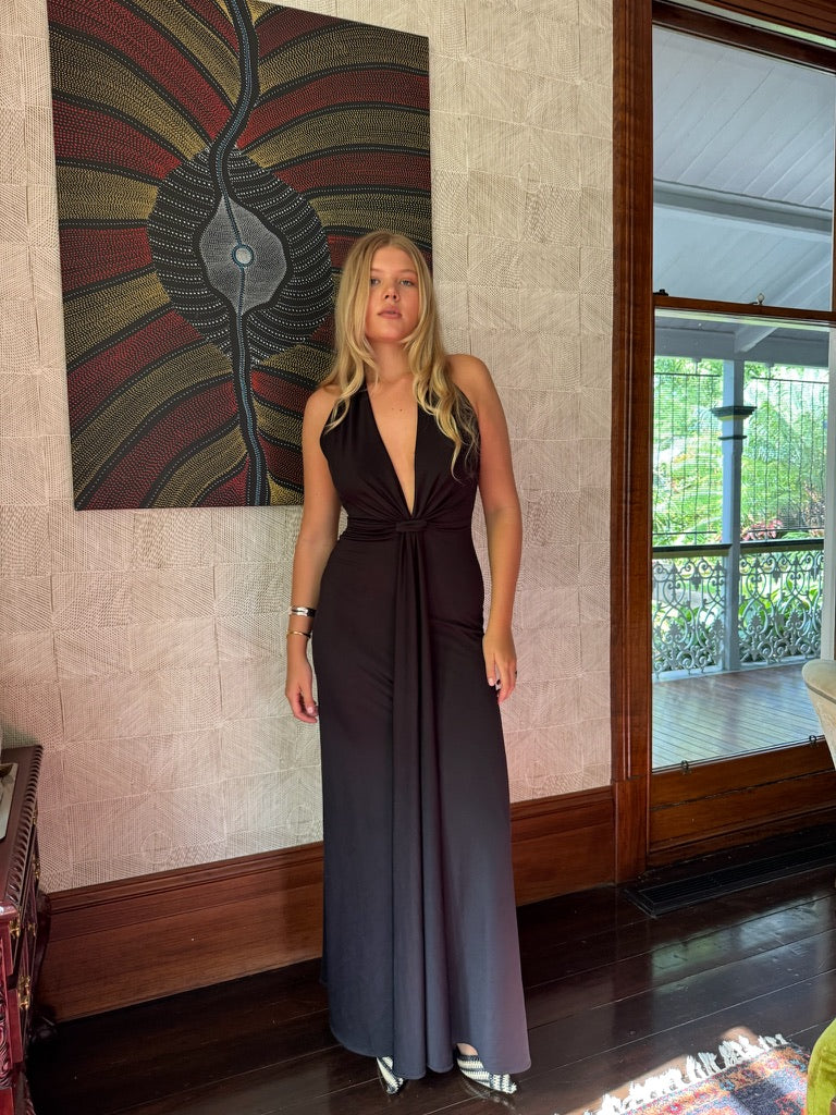 Kyra Dress - Vintage 90s black plunge neck evening gown