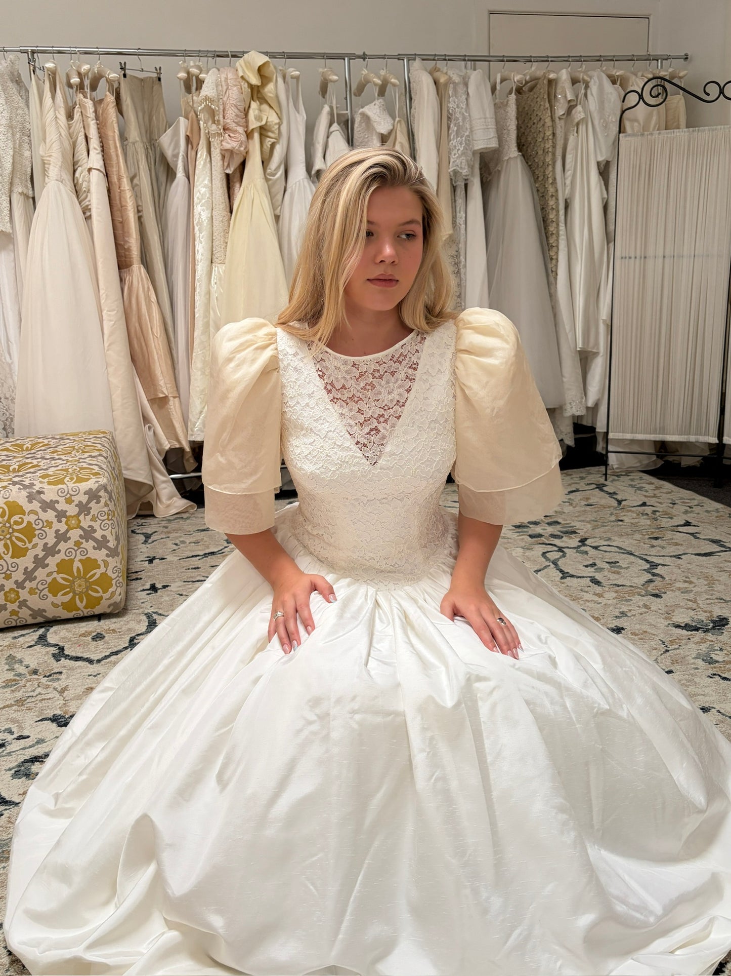 Vintage 1986 silk puff sleeve basque waist wedding dress with train