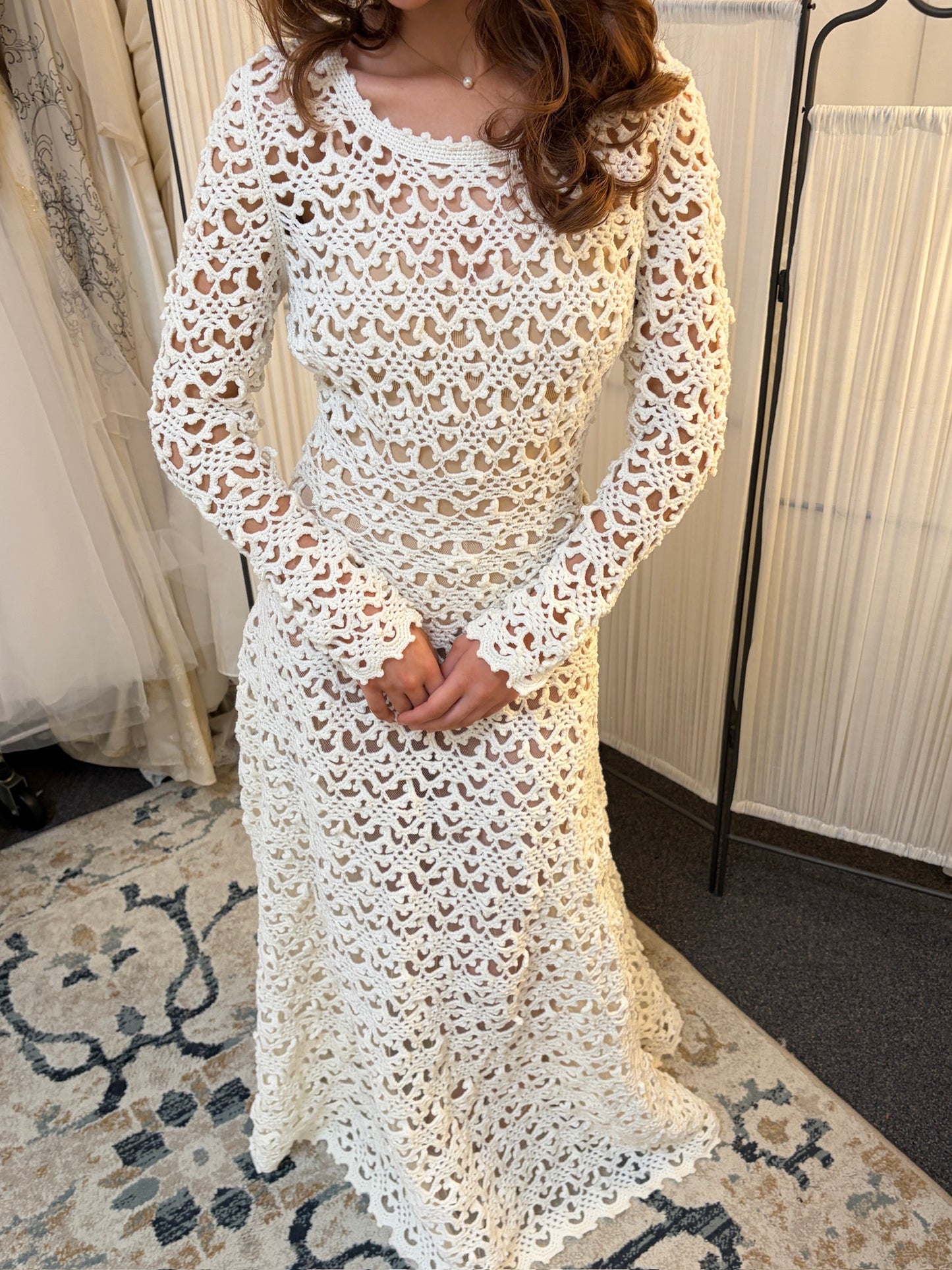 Vintage 70s ivory crochet long sleeve a-line wedding dress