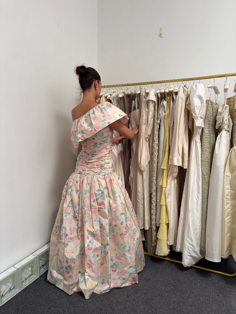 Vintage 80s rare Stephan Caras drop waist floral evening gown