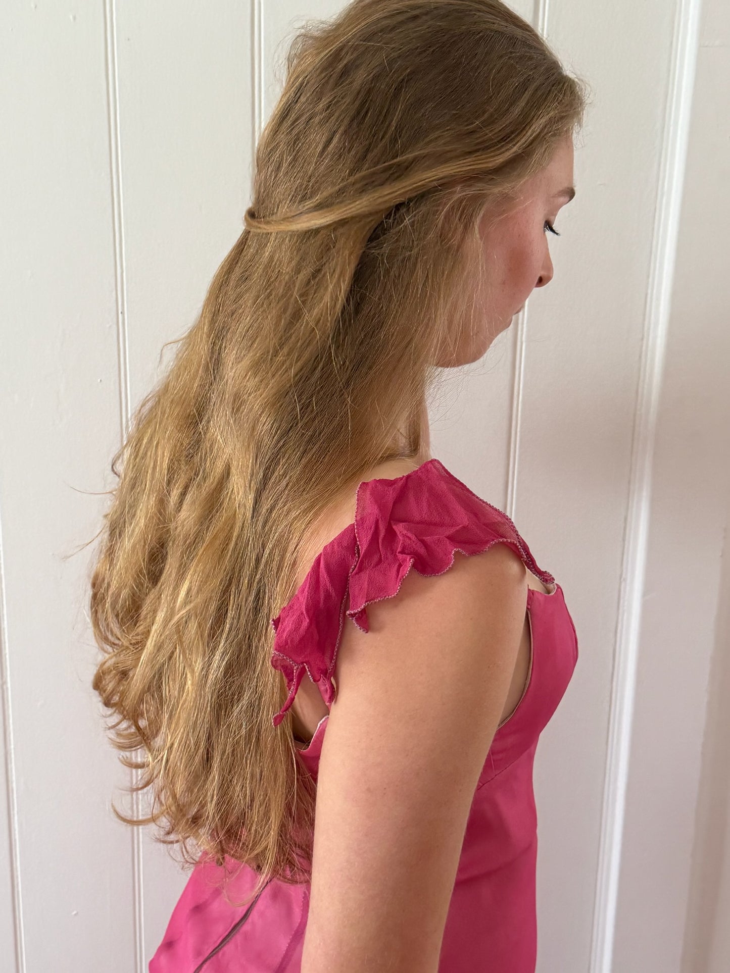 Vintage 1990 Jenny Bannister pink silk empire waist ruffle maxi dress