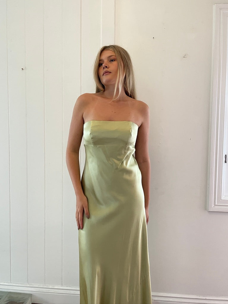 Vintage 90s pistachio green pure silk strapless gown