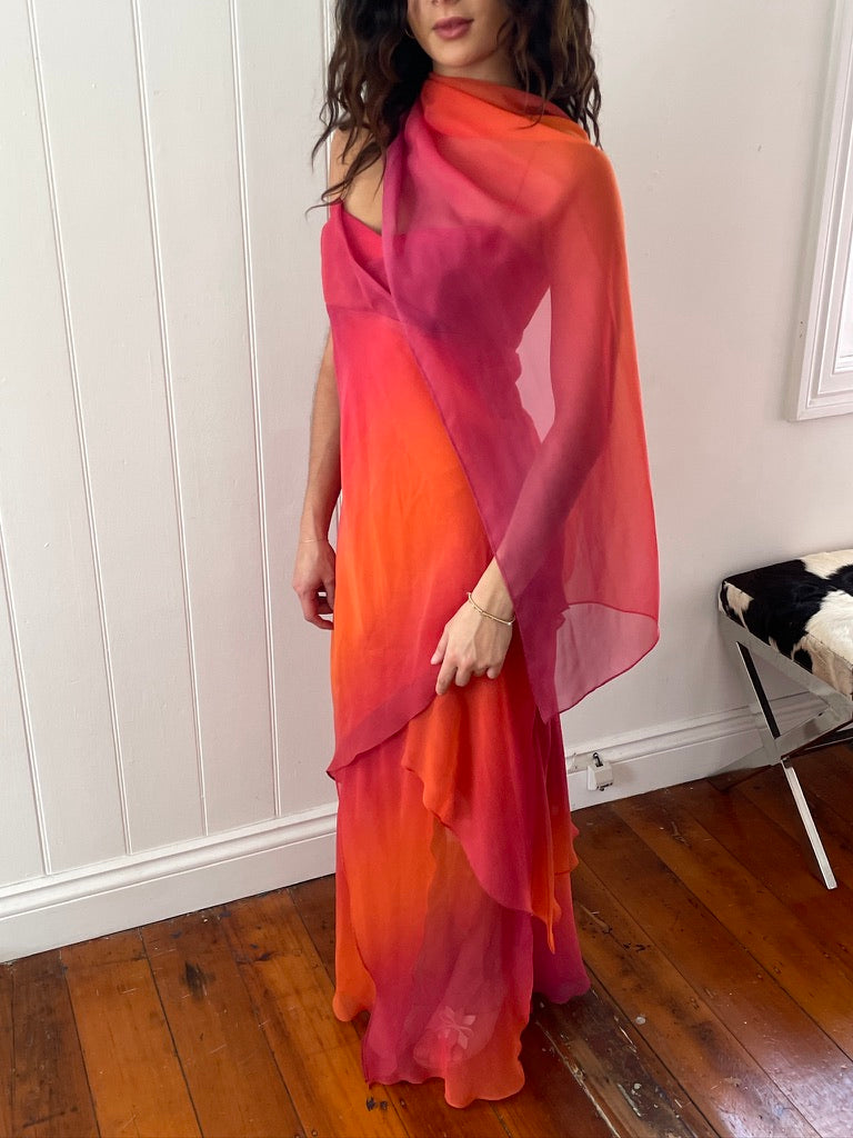 Sunset Dress - Vintage 90s ombre layered maxi with neck scarf  Mondo  Archive