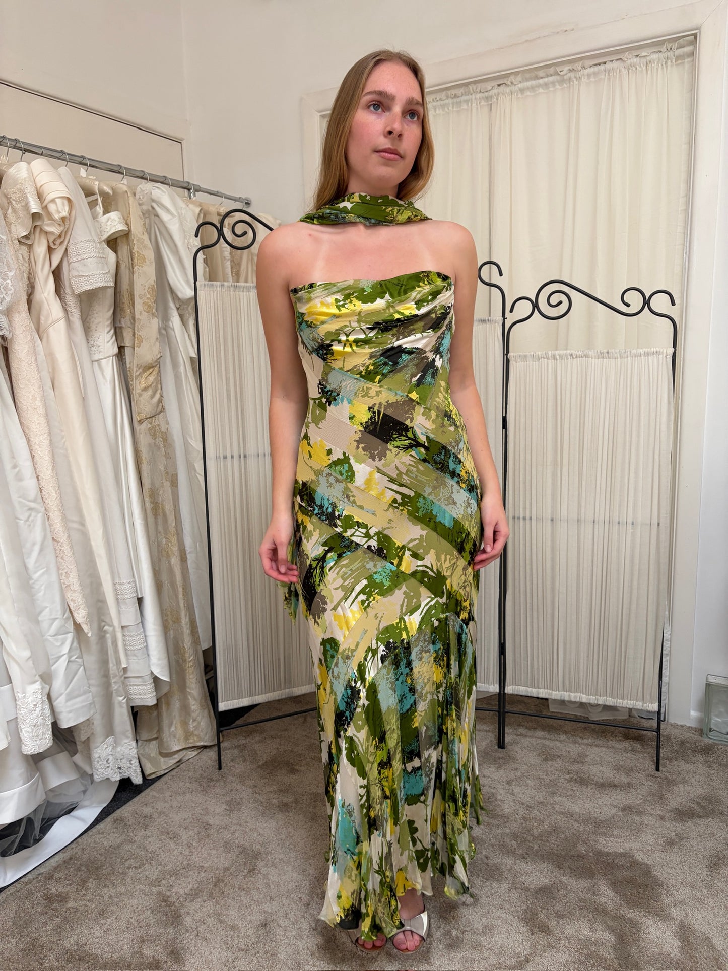 Vintage 00s Melinda Eng silk strapless evening gown with shawl