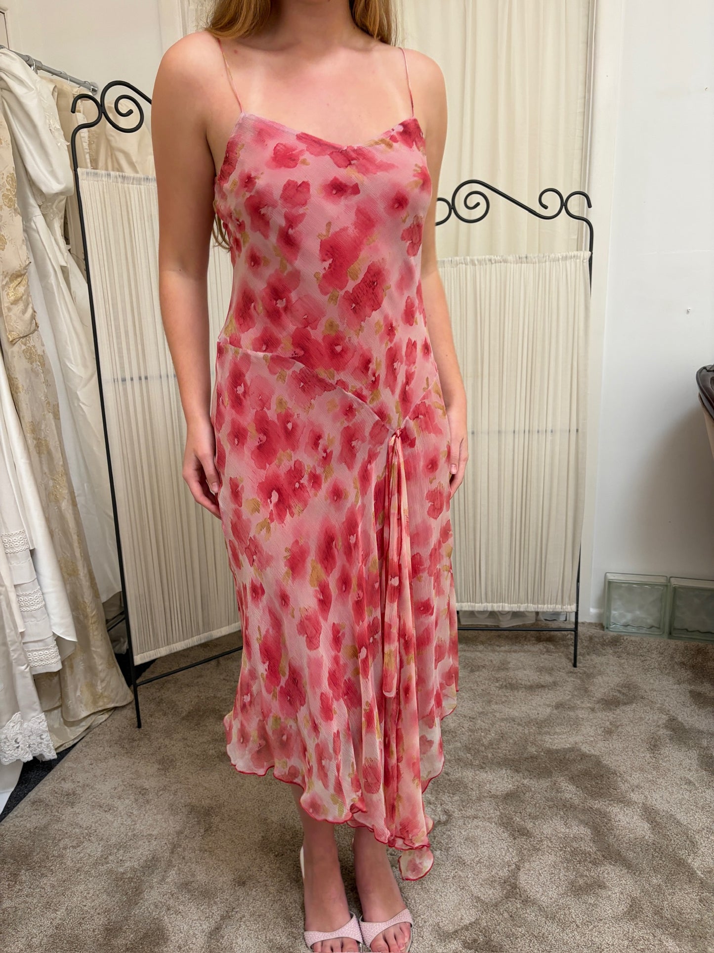 Vintage 00s bias cut pink floral watercolour silk slip dress