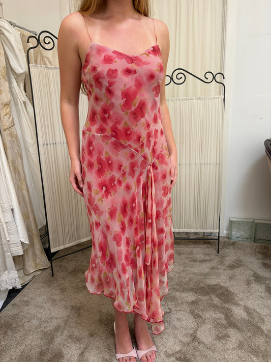 Vintage 00s bias cut pink floral watercolour silk slip dress