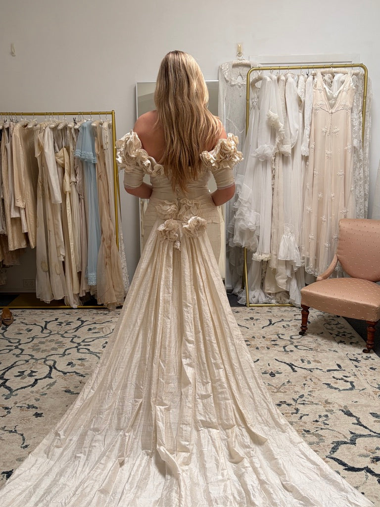 Vintage 90s Jean Fox pleated off shoulder wedding dress with detachable train