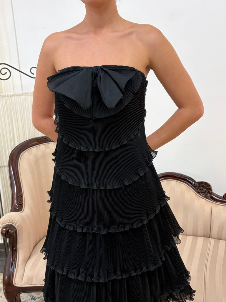 Vintage 80s Frank Usher tiered pleated black strapless dress