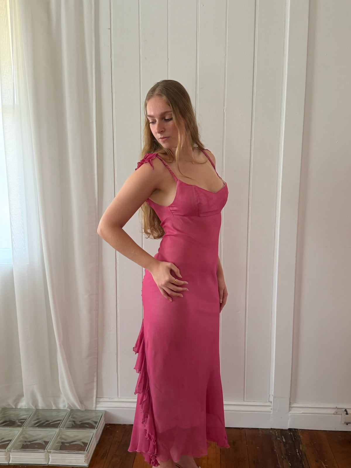 Vintage 1990 Jenny Bannister pink silk empire waist ruffle maxi dress