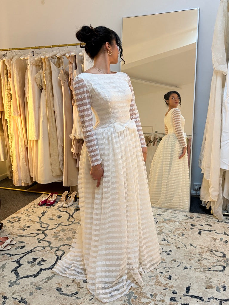 Vintage 60s lace long sleeve striped wedding gown with bows