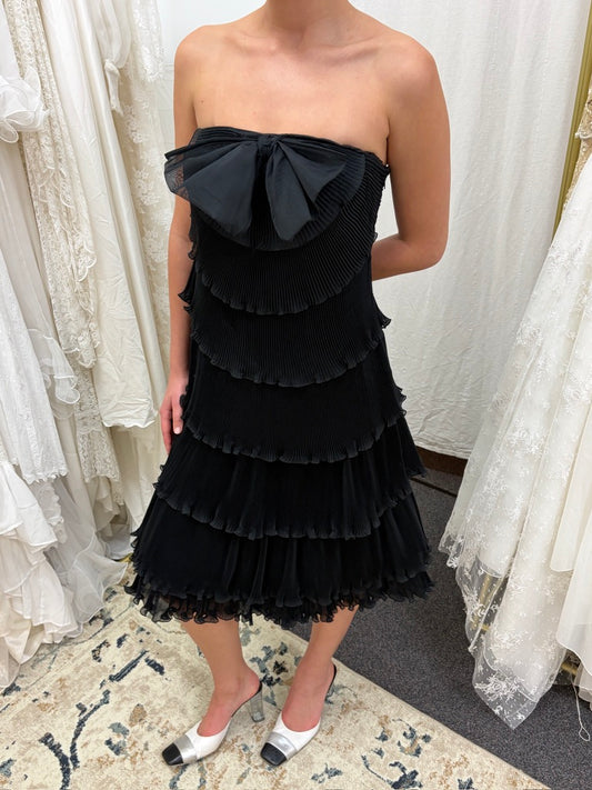 Vintage 80s Frank Usher tiered pleated black strapless dress