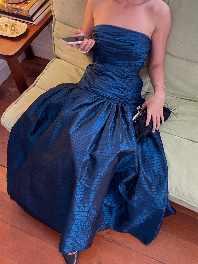 Vintage 80s Alyce blue strapless drop waist evening gown