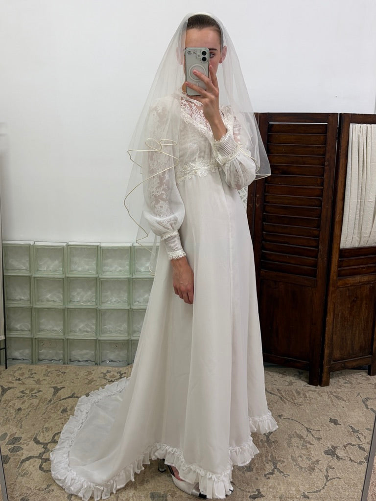 Vintage 70s long sleeve high neck wedding gown with train