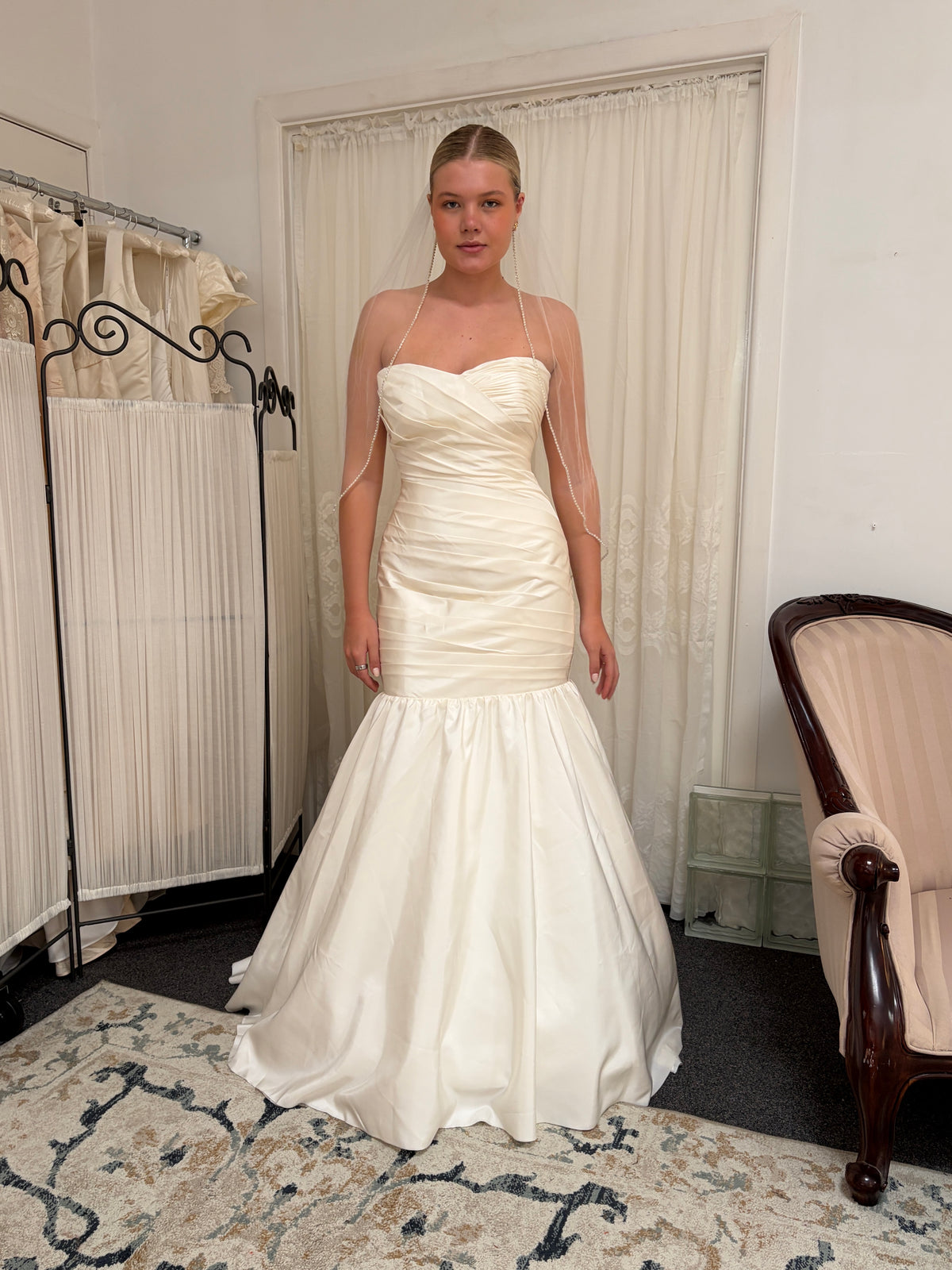 Vintage Y2K taffeta strapless drop waist mermaid wedding gown