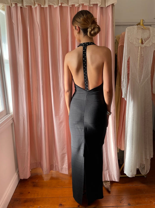 Sydney Dress - Vintage Y2K Hervé Léger high neck black bandage gown