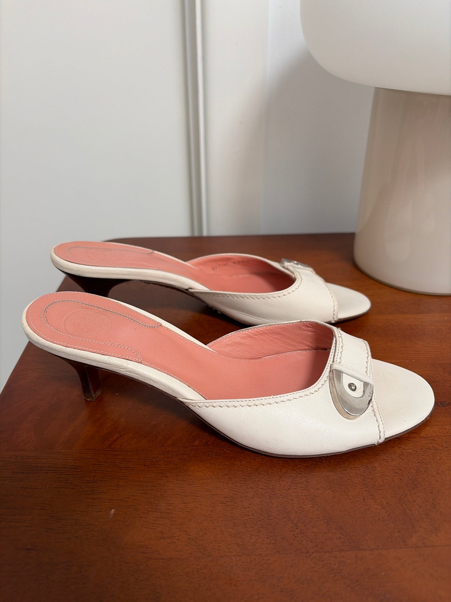 Vintage Bally white mule kitten heels with silver buckle