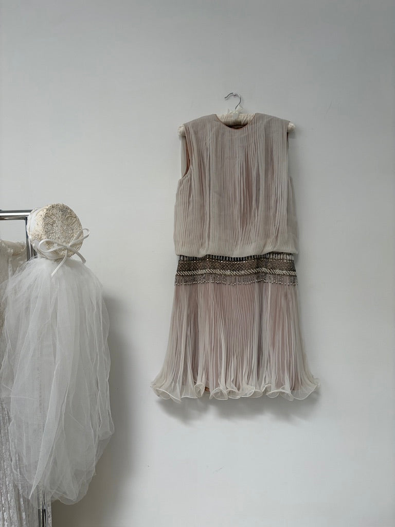 Vintage 80s ivory pleated drop waist mini dress with fringe beading