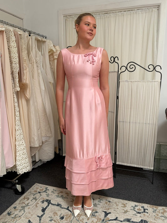 Vintage 60s candy pink tiered evening gown with bows