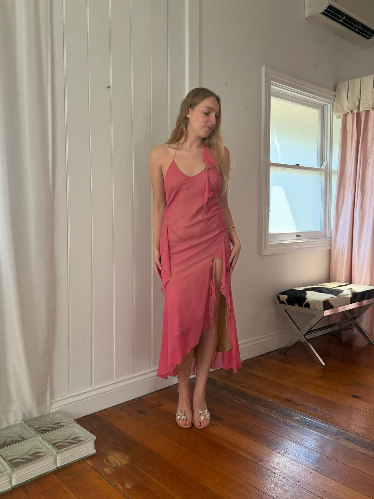 Vintage 1990 Jenny Bannister pink green silk halter maxi dress
