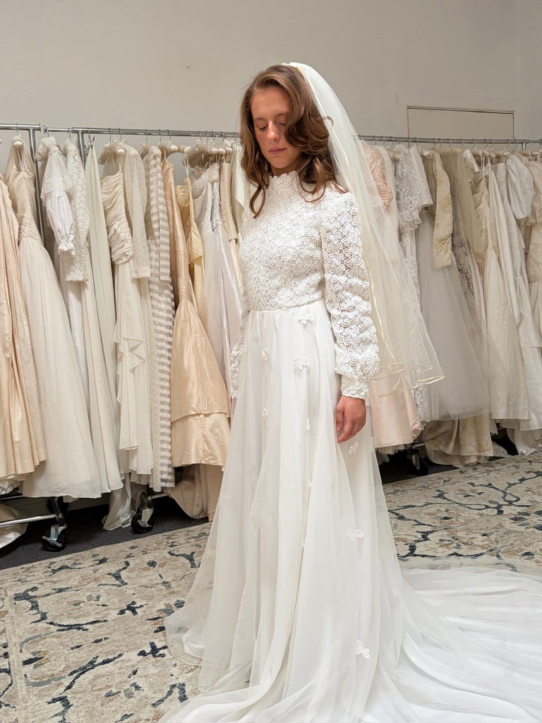 Vintage 60s long sleeve guipure lace wedding gown with applique train