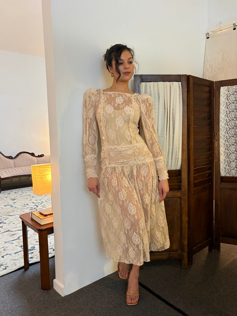 Vintage 80s drop waist long sleeve blush lace midi dress