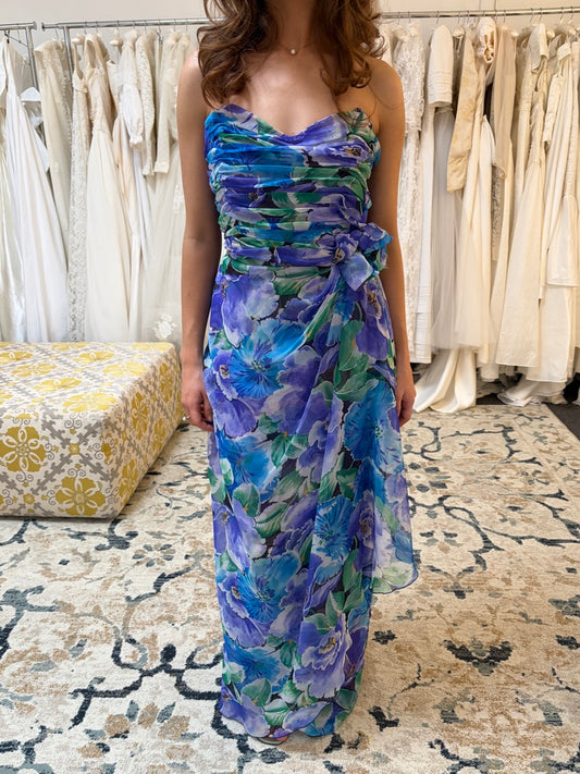 Vintage 80s John Charles strapless watercolour floral column dress