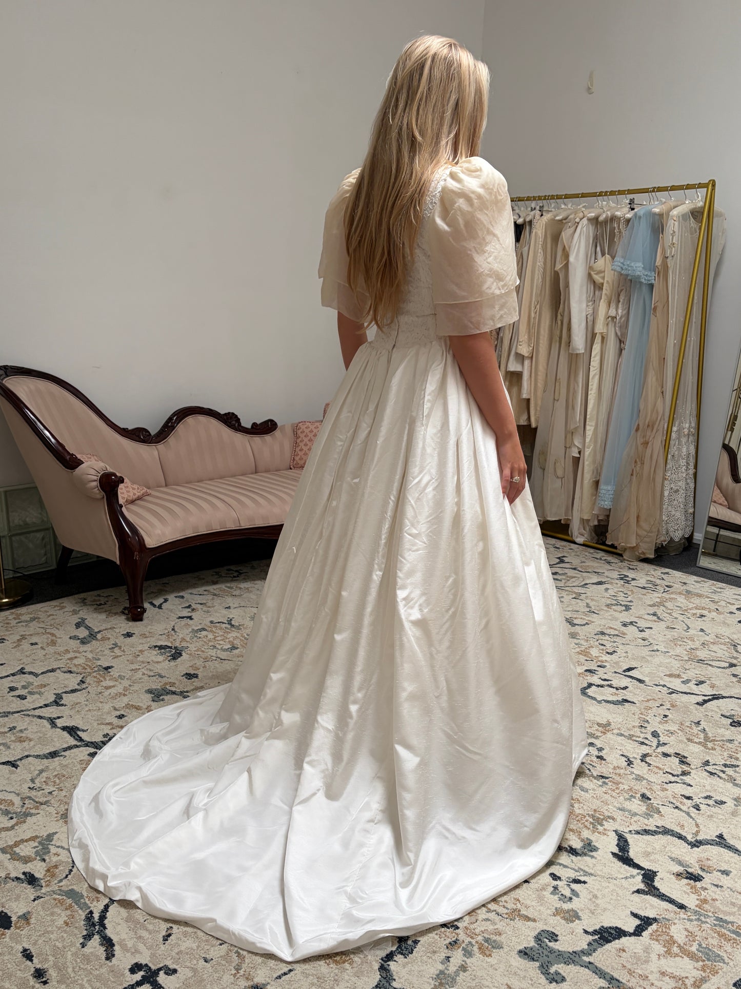 Vintage 1986 silk puff sleeve basque waist wedding dress with train
