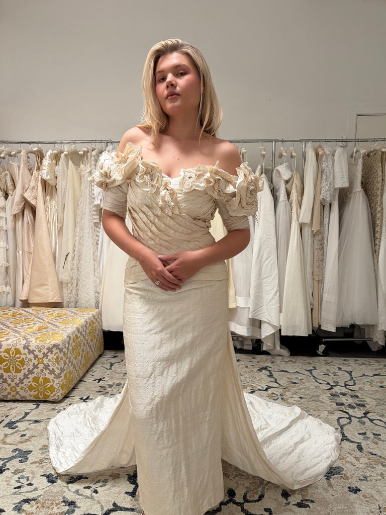 Vintage 90s Jean Fox pleated off shoulder wedding dress with detachable train