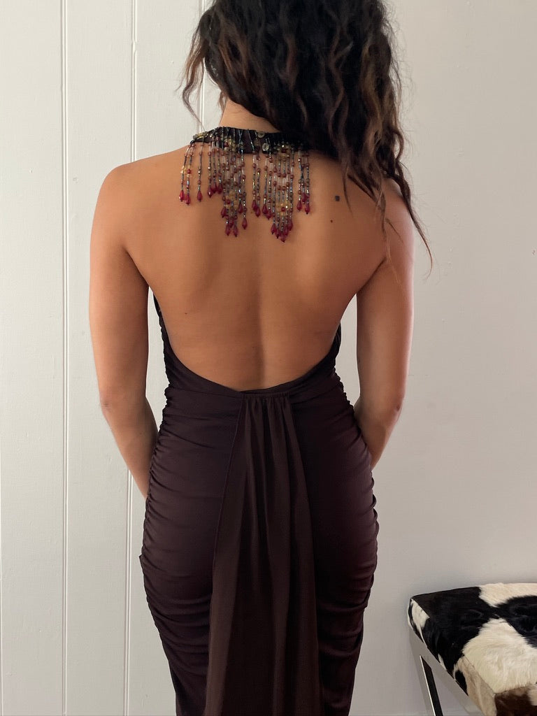 Vintage 90s brown backless mini dress with beaded fringe neckline