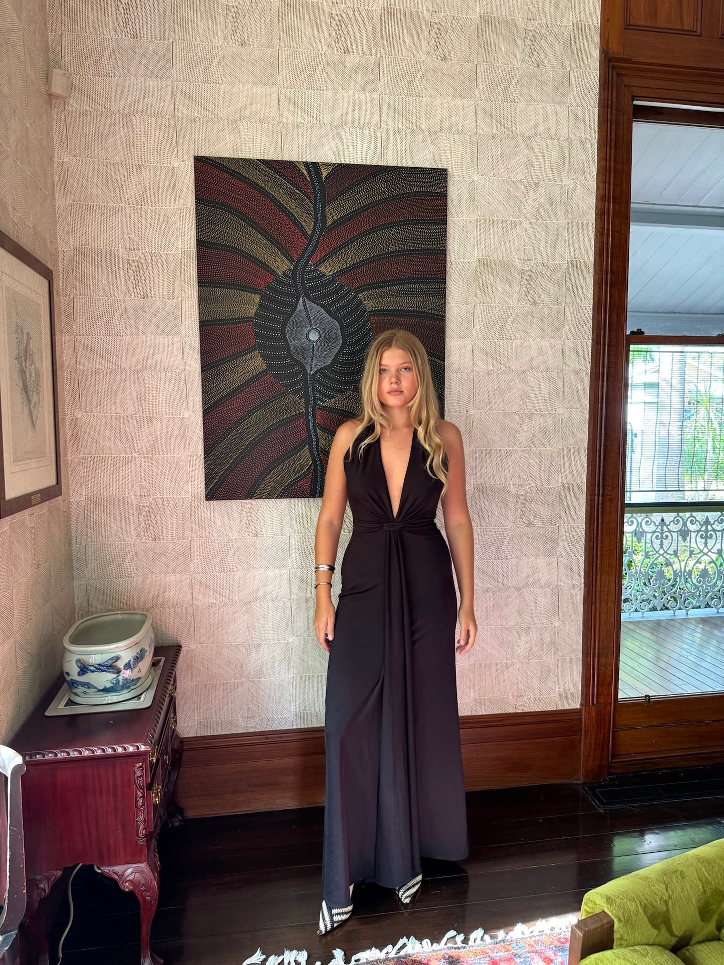 Kyra Dress - Vintage 90s black plunge neck evening gown